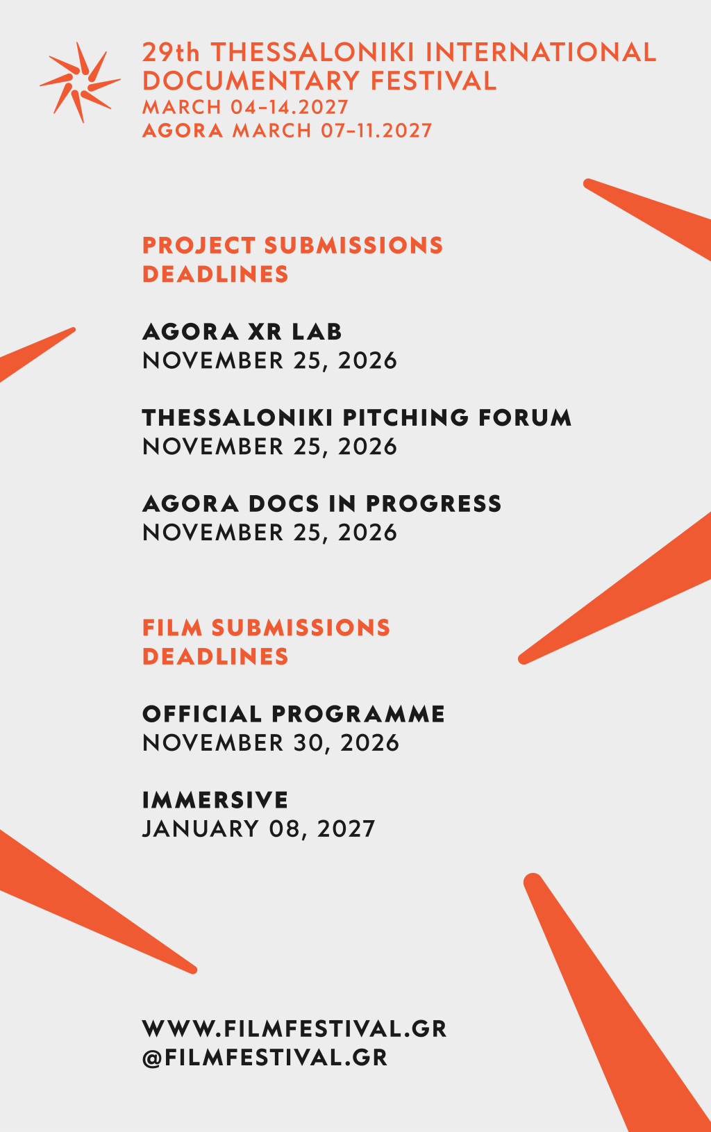 The submission deadlines of the 29th Thessaloniki international documentary festival taking place in march 2027