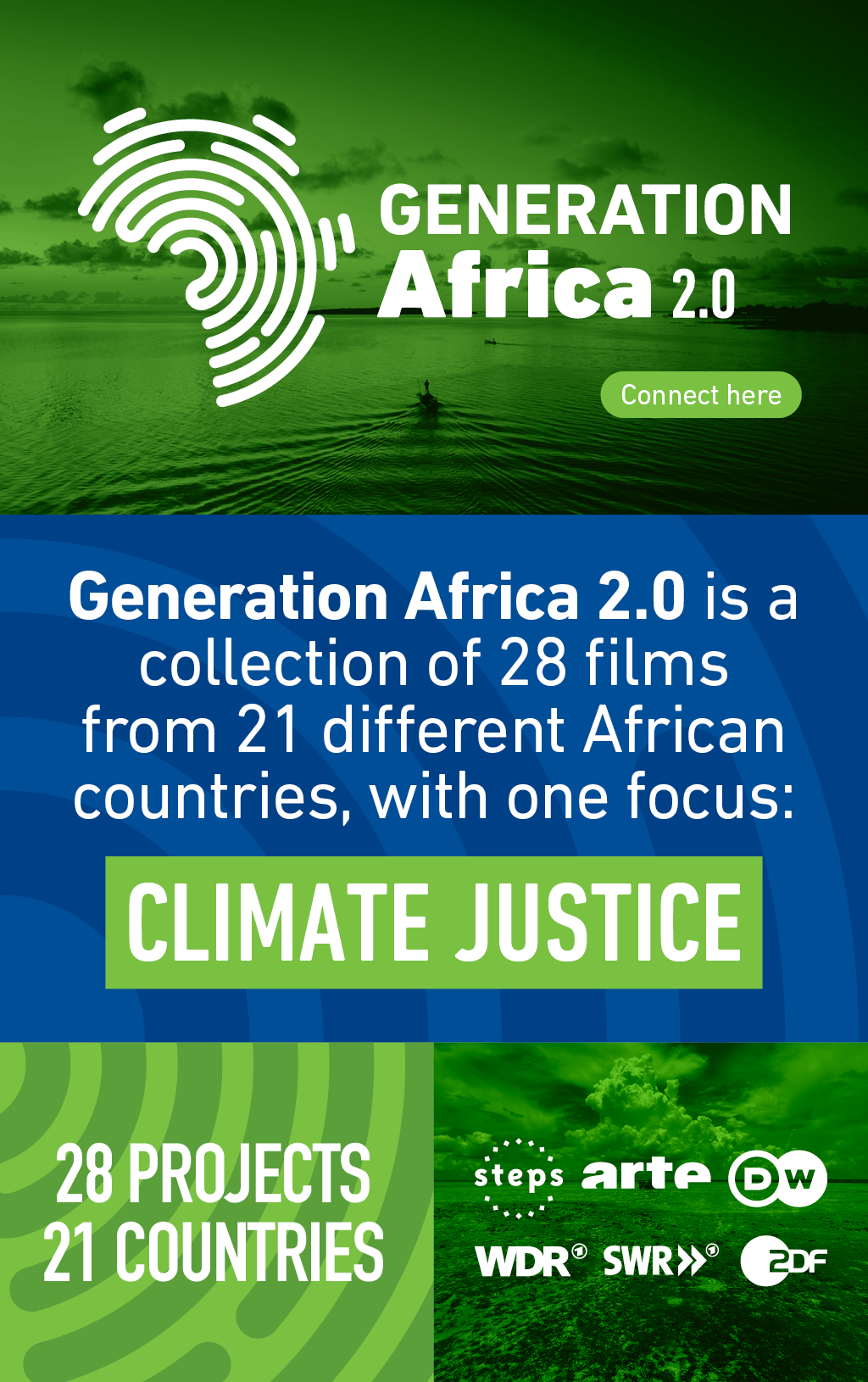 Banner of Generation Africa with text: Generation Africa 2.0 is a collection if 28 films from 21 different African countries, with one focus: Climate Justice