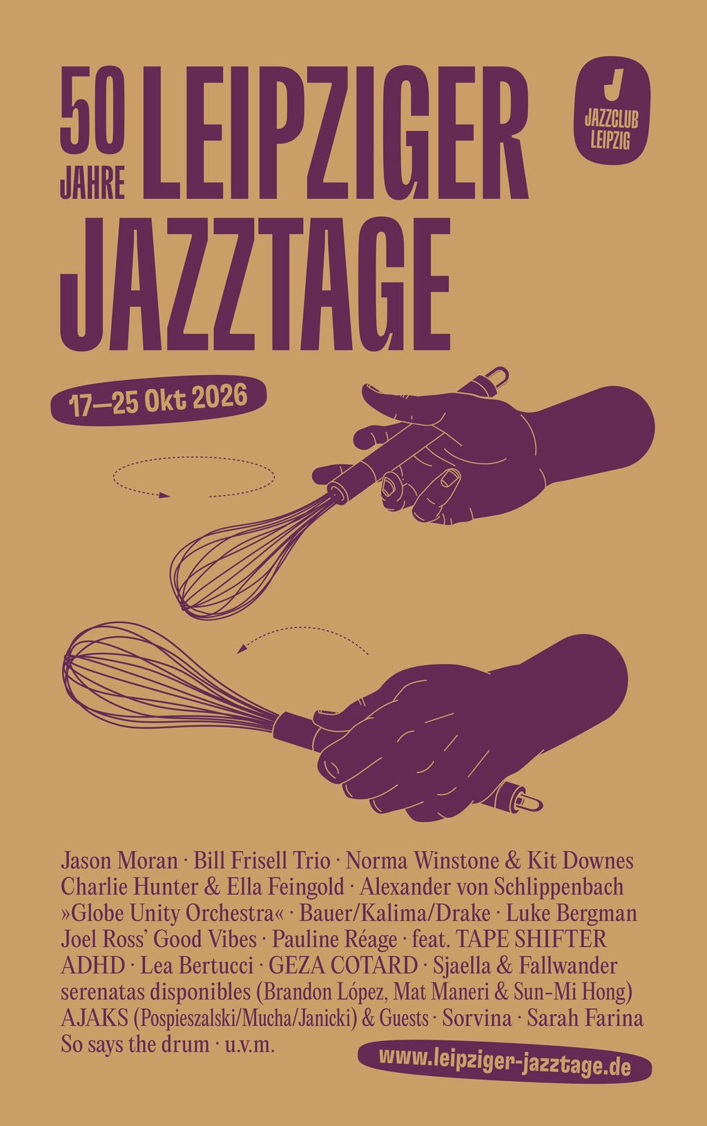 Motiv der Leipziger Jazztage, zwei lila Hände, die mit Schneebesen trommeln