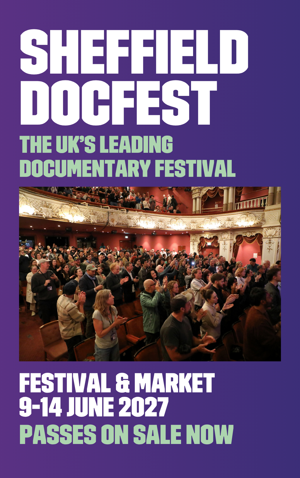 Banner of Sheffield DocFest with text: The UKs leaning documentary festival, join us 9-14 June 2027