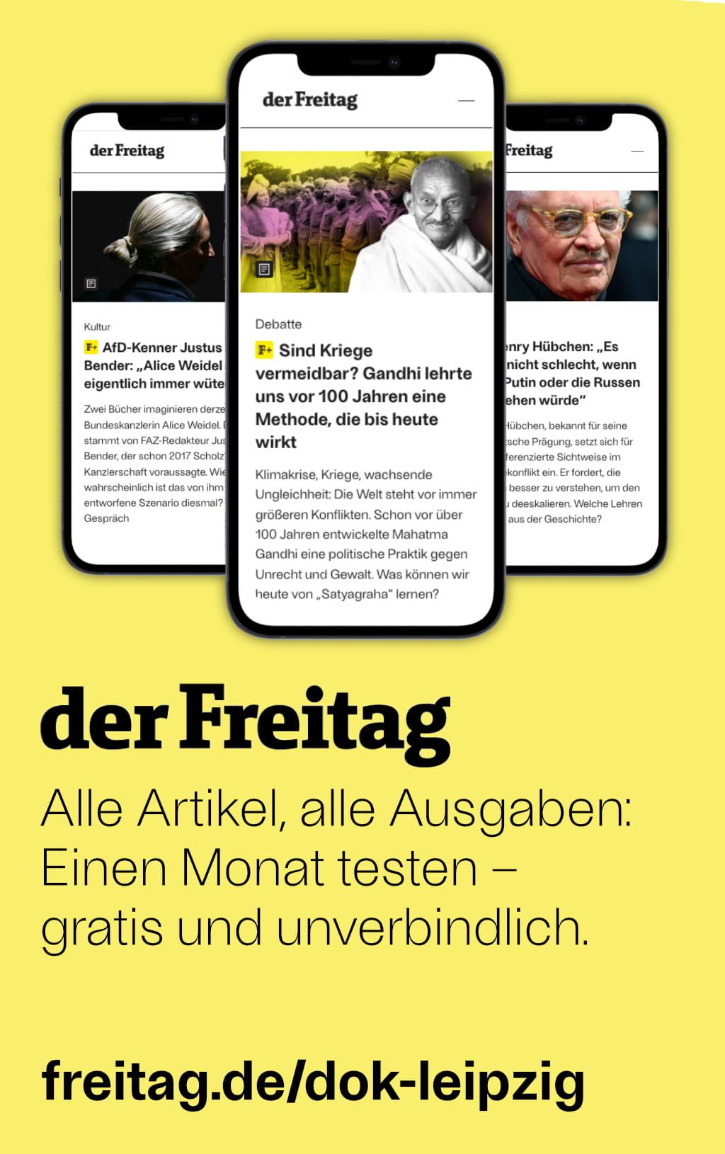 Gelbes Banner mit drei handys, die die website von "der Freitag" zeigen