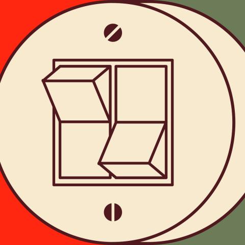 The 2021 DOK Leipzig poster design: A round-shaped double switch in a retro design.