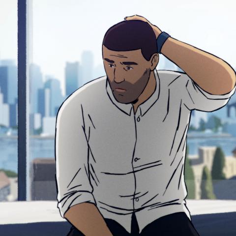 Still aus dem Animationsfilm Flee: Ein Mann sitzt auf einer Fensterbank und kratzt sich nachdenklich mit einer Hand am Kopf. Hinter ihm ist die Silhouette einer Großstadt mit mehreren Hochhäusern zu sehen.