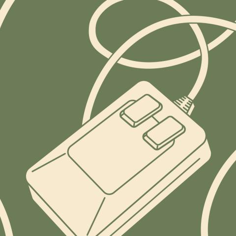 Grafisches Motiv für den DOK Stream: Eine eckige Computermaus aus den frühen 90er Jahren. An ihr hängt ein in mehreren Schlaufen verwickeltes Kabel. Die Maus und das Kabel sind beige, der Hintergrund grün.