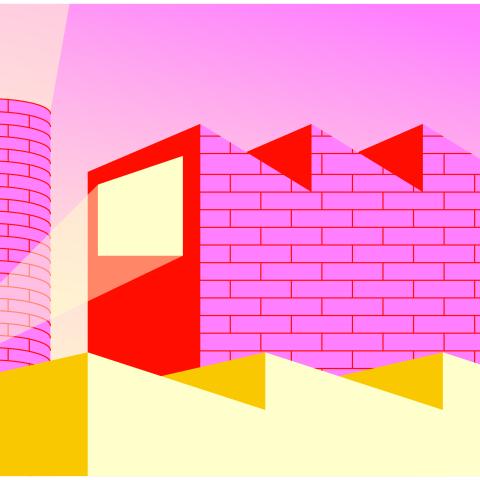 Sommerkino Grafik: Pinkes Steingebäude auf rosa Hintergrund
