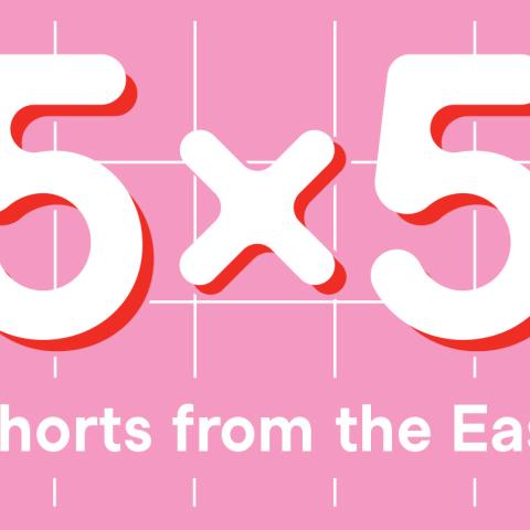 Vor einem rosa Hintergrund mit weißen Kacheln steht der Text: 5 x 5 Shorts from the East