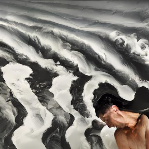 A seemingly oil-painted image of a topless man crouching in the lower corner of the picture and lowering his head, around him are black and white echoes of his silhouette passed in smoke.