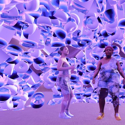 Three computer-generated, gender-neutral characters in patterned bodysuits stand in a pink igloo made of abstract shapes. They all have a pregnancy belly.