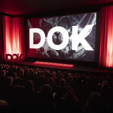 In einem Kinosaal mit vollbesetzten Reihen ist auf der Leinwand riesengroß das Wort Dok zu sehen