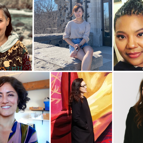 Six portraits of middle-aged, smiling women