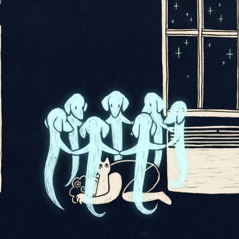 The drawing shows bluish ghosts with dachshund heads floating in a circle around a person lying on the ground. The person is huddled and looks sad. The background is black. On the sides there is a bed and a window with night sky.