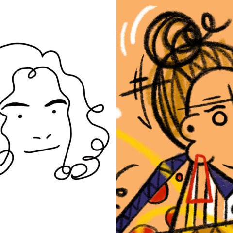 The drawn self-portraits of Anne Isensee and Michelle Brand, only the faces, next to each other in a collage.