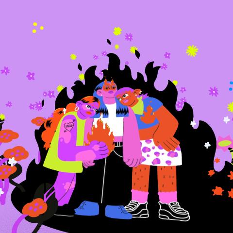 Ein lila-pinkes Filmstill aus einem Animationsfilm: In der Mitte sind drei Menschen mit pinker und braunroter Hautfarbe zu sehen. Sie stehen eng zusammen und legen die Köpfe auf die Schulter der Person in der Mitte.