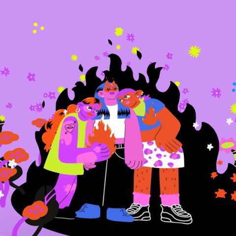 A purple-pink still from an animation film: Three people with punrple and brown-red skin colour can be seen in the middle. They stand close together and put their heads on the shoulder of the person in the middle.