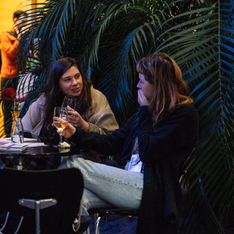 Zwei junge Frauen sitzen an einem Café-Tisch und unterhalten sich intensiv. Im Hintergrund sieht man eine große Pflanze. Die Atmosphäre wirkt entspannt und gemütlich.
