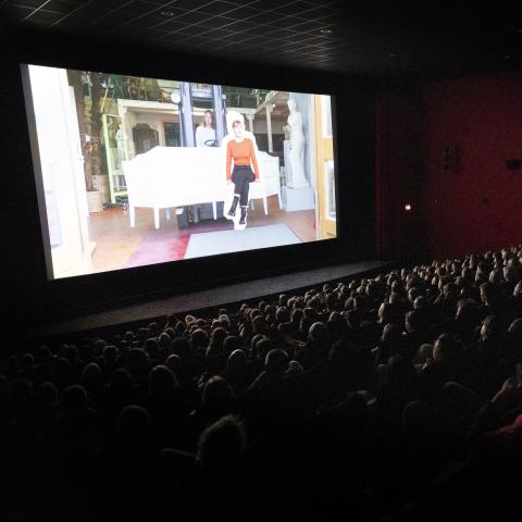 Ein voll besetzter Kinosaal bei einer Filmvorführung. Auf der Leinwand eine Frau, die auf einem Sofa sitzt.