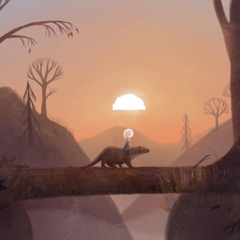 A picture in shades of brown: a child rides an otter over a tree trunk through the forest, over which the sun is setting.