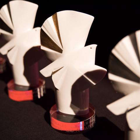 A closeup of the awards