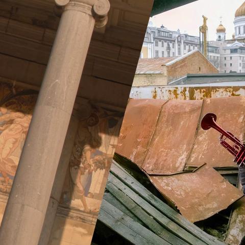Collage: Links ein antikes Mosaik hinter Säulen, rechts ein Kind mit Trompete vor verfallener Kulisse und goldenen Kirchtürmen.