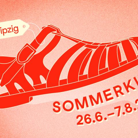 An illustration of a red sandal with its price tag saying "DOK Leipzig". Next to it the German text "Sommerkino, 26.6.-7.8.2025