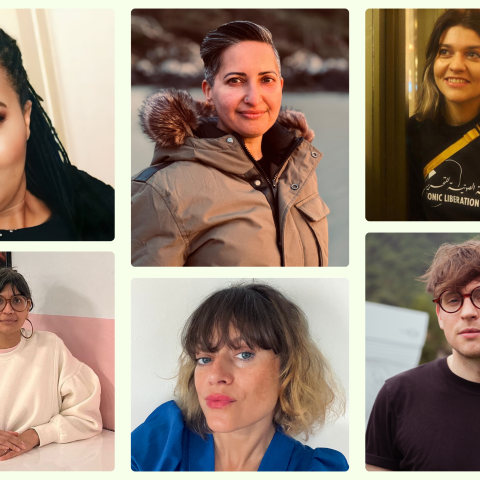 Collage of seven portrait photos of the curators for the sixth podcast season, each in a different setting, arranged in a grid on a light green background.