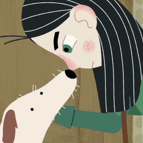 Illustration eines jungen Mädchens mit grünen Augen, sie berührt mit ihrer Nase die Schnauze eines kleinen weißen Hundes und streichelt ihn.