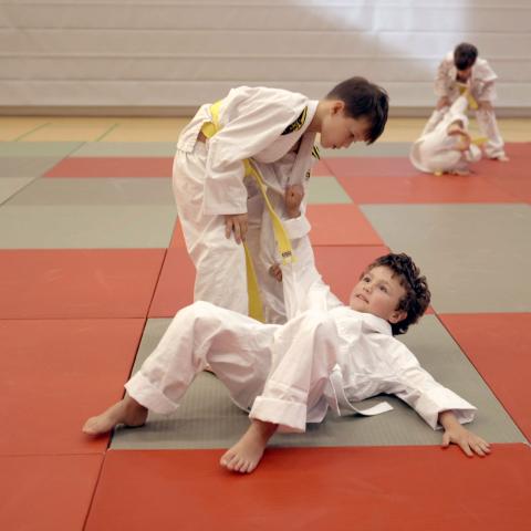 Two children practice judo on the mat, one standing, one lying down.