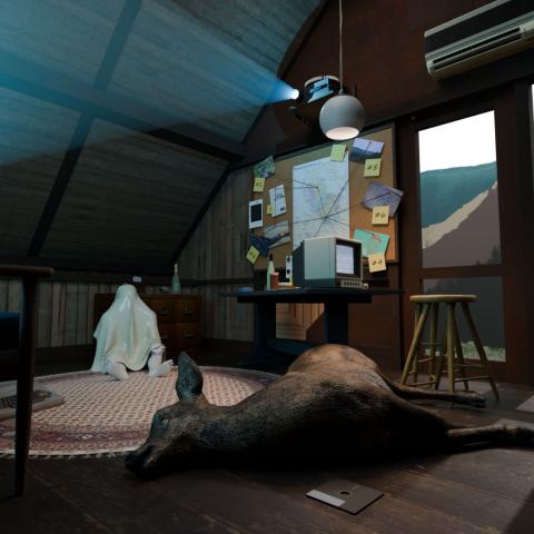 The interior of a gloomy, wooden cabin. A projector is beaming a ray onto an unseen wall. On the floor a dead deer, sitting behind it a body with a white blanket thrown over it. A conspiracy wall plotting out something hangs behind the body.