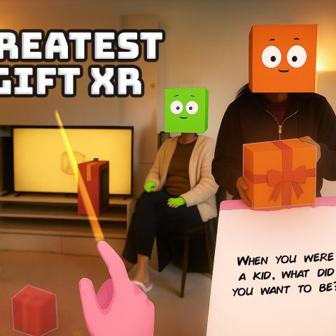 A still as if from a video game, with the viewers hands in the foreground. it shows living room with people in it - but there are colorful squares painted over their heads with comic faces. One is handing a digitally painted present to the viewer