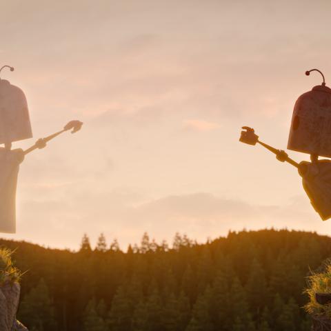 Ein kleiner Roboter steht auf einer Klippe im Wald und streckt seinen Arm zum sanftrosa Himmel, auf der anderen Seite der Klippe ist ein blasserer Schatten eines ähnlichen Roboters in gleicher Pose