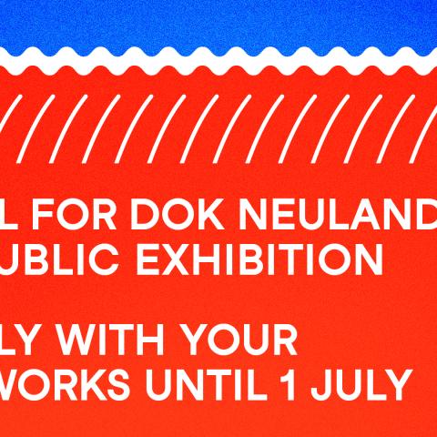 Illustration of a red can on blue ground with the text: Call for DOK Neuland, Public Exhibition. Apply with your works until 1 July