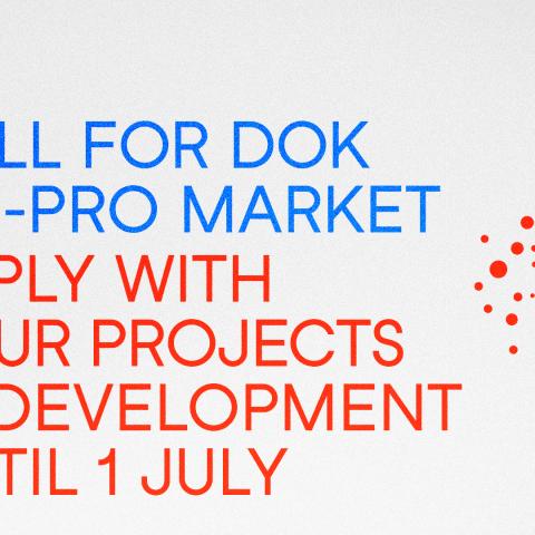Illustration of a can with red fizzy liquid with the text "Call for Dok Co-Pro Market, Apply with your projects in Development until 1 July"