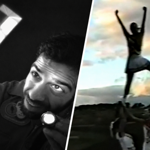 A collage of two images: on the left, a black-and-white photo of a man with a flashlight shining it on a glass block in his hand; on the right, the silhouette of four cheerleaders outdoors forming a figure.