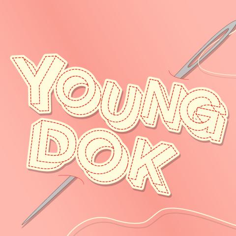 Illustration: Das Wort Young Dok wird mit einer Nadel in einen pfirsischfarbenden Stoff gestickt