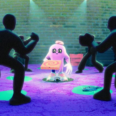 A still from an animated film. A pink character is surrounded by dark figures. It is holding a pizza box and has a frightened expression on its face.