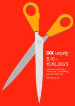  The 2023 poster design shows paper scissors with a gray blade and orange handles on a red background.