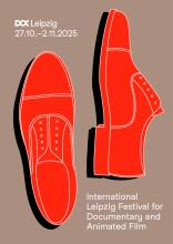 Poster design for DOK Leipzig 2025 showing two red shoes on a brown background.