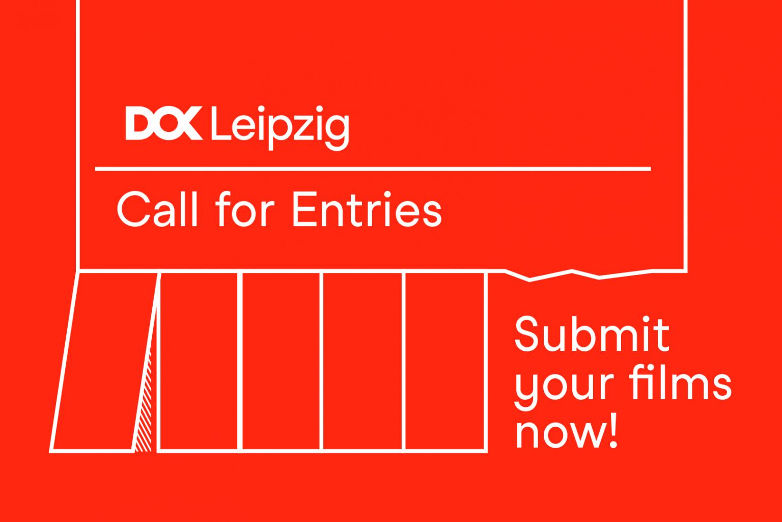 Illustration eines Abreißzettels, weiße Konturen auf rot. Oben das DOK Leipzig Logo, darunter der Text: Call for Entries. Submit your films now!