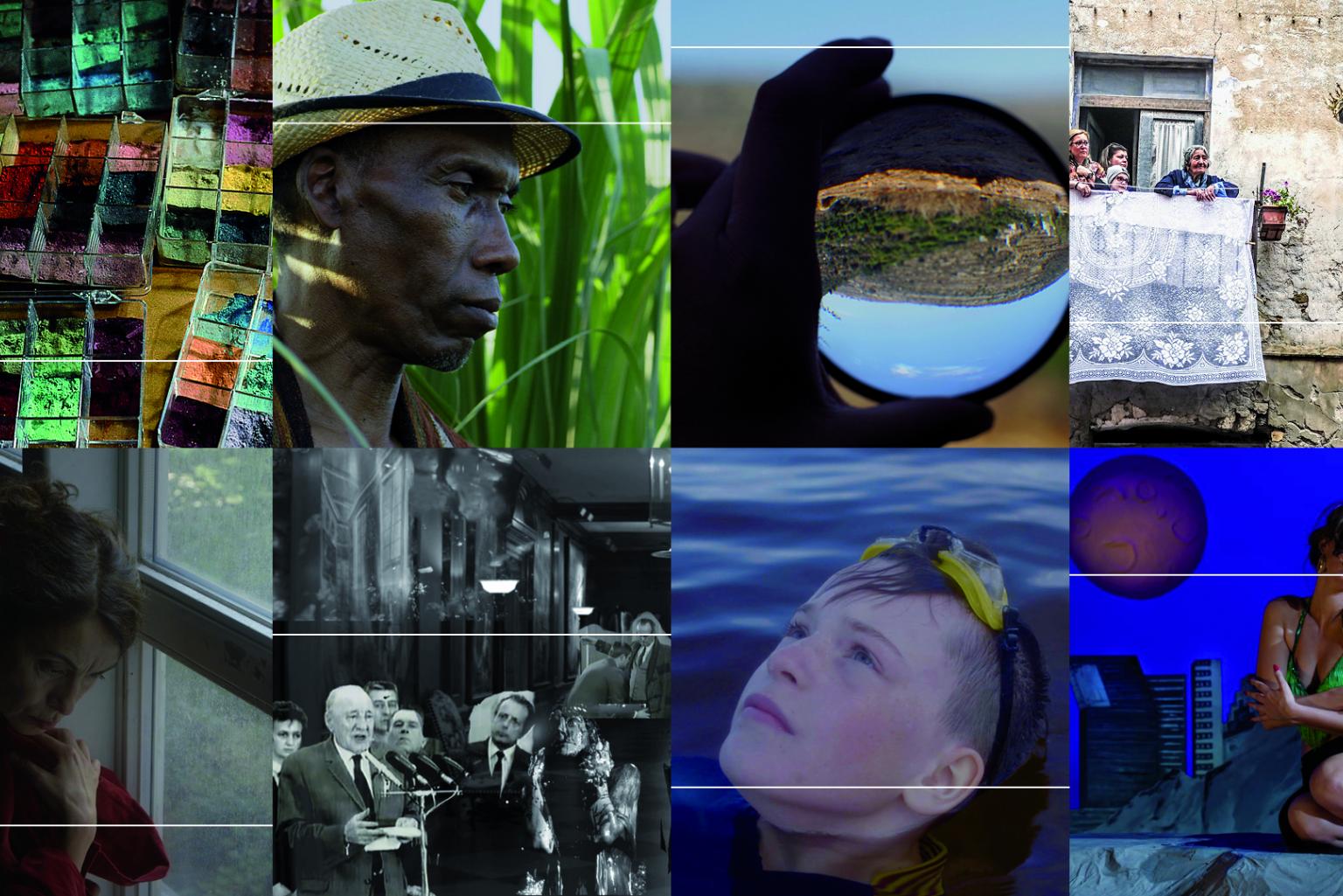 Bildcollage aus 8 Filmstills von Filmen, die für den Doc Alliance Award nominiert sind.