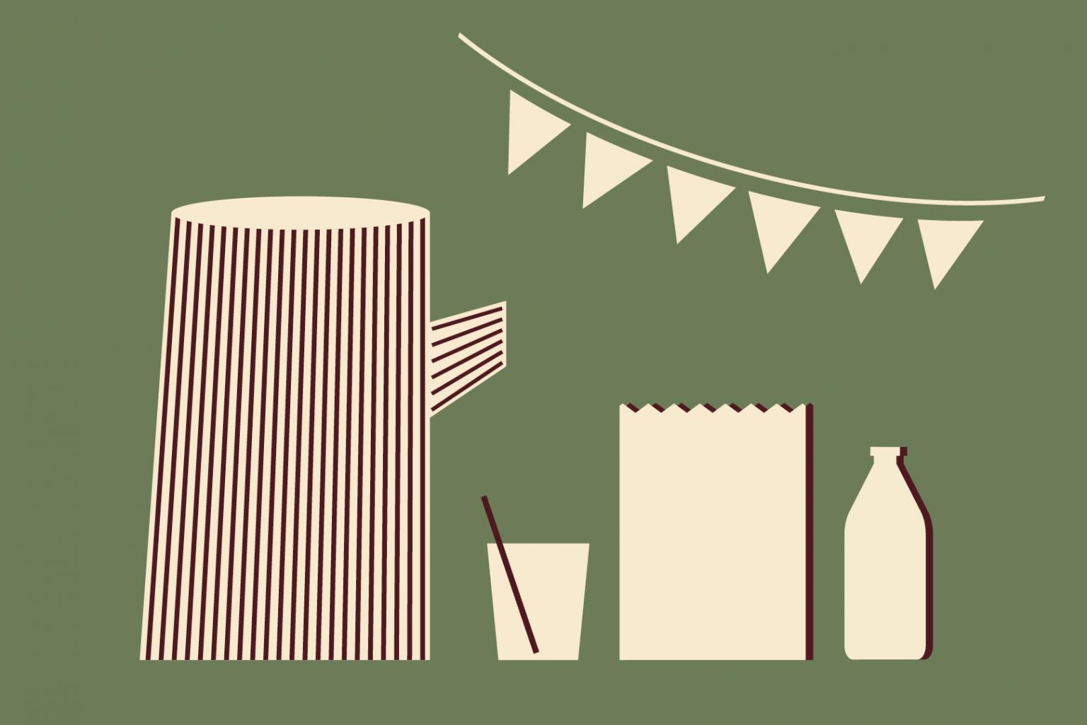 Eine grafische Illustration: Auf grünem Hintergrund sind eine Wimpelkette, eine Karaffe mit einem Glas, ein Popcorn-Becher und eine Flasche zu sehen.