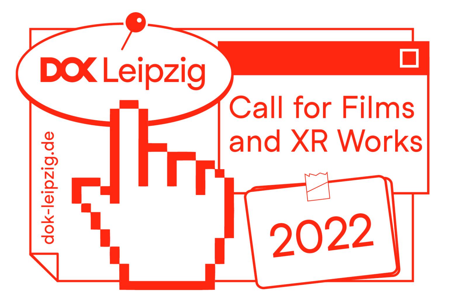 Illustration of a pinboard with three sheets with text: 1. DOK Leipzig, 2. Call for Films & XR Works, 3. 2022. The hand icon of a computer mouse  hovers above.