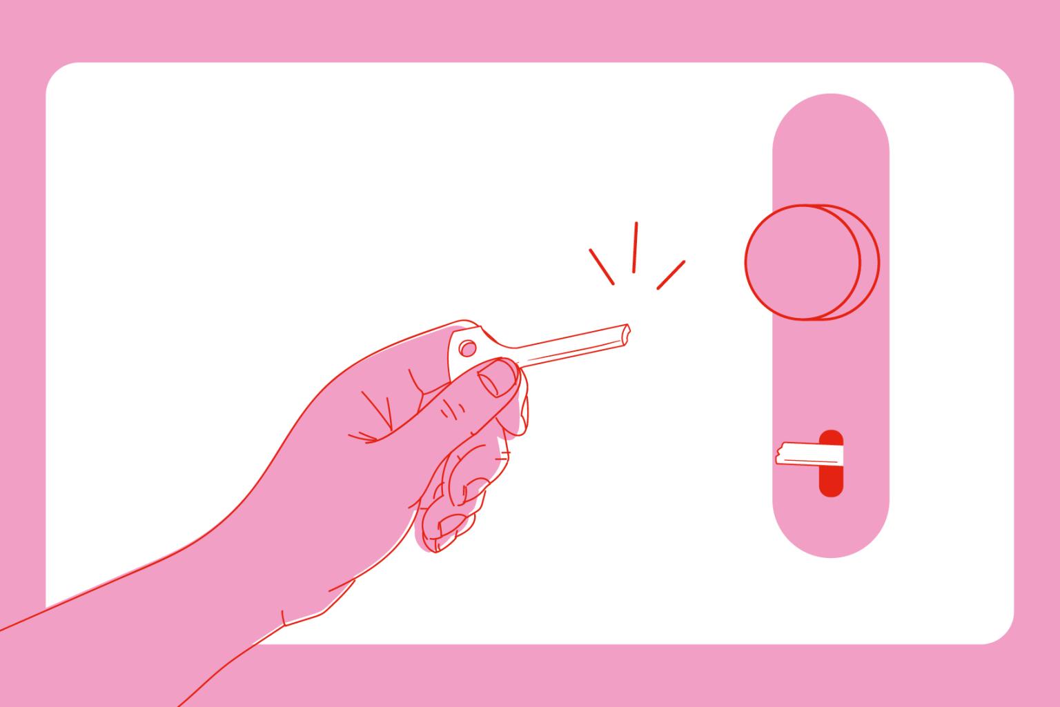 An illustration in pink and white: one hand holds a broken key, the other half of the key is in the keyhole next to it.