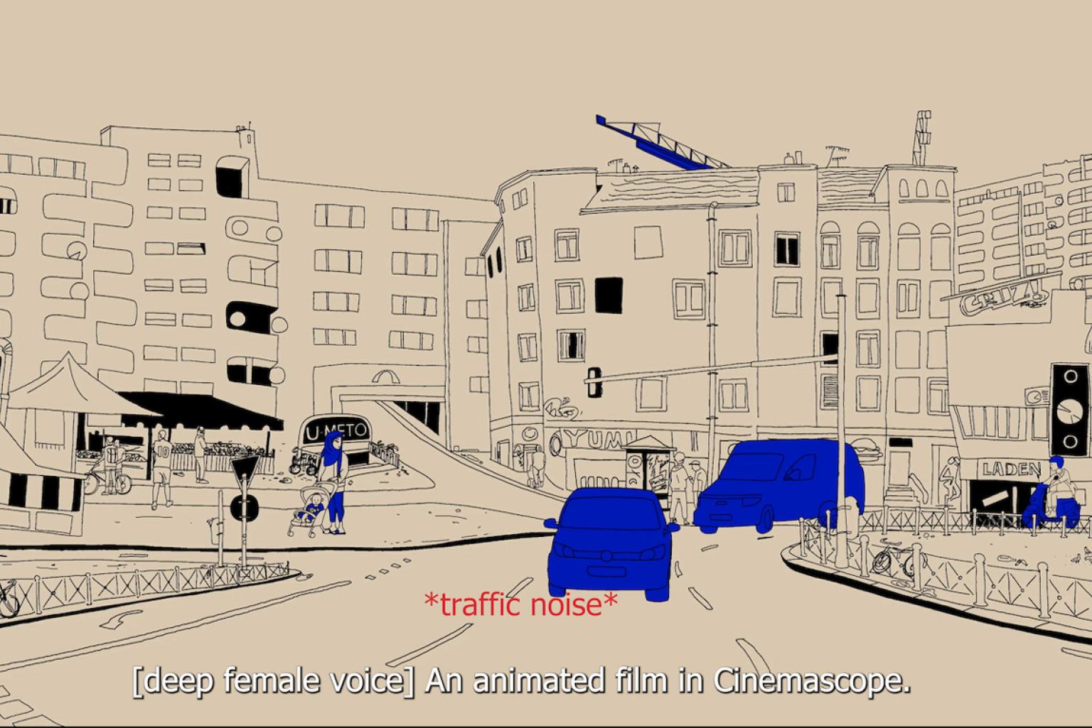 Eine Illustration in beige und blau: Blaue Autos fahren auf einer beigen Straße, dahinter eine große Häuserzeile mit Geschäften. Unter den Autos stehen Untertitel in englisch: "*Traffic Noise*. Deep Female Voice: An animated film in Cinemascope".