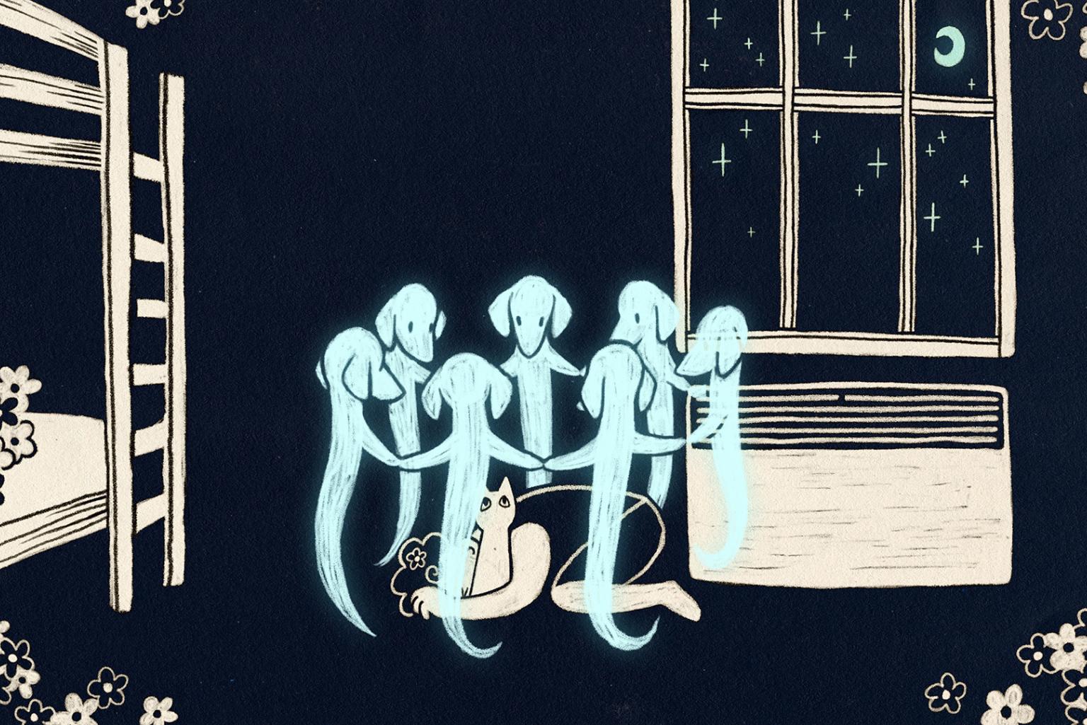 The drawing shows bluish ghosts with dachshund heads floating in a circle around a person lying on the ground. The person is huddled and looks sad. The background is black. On the sides there is a bed and a window with night sky.