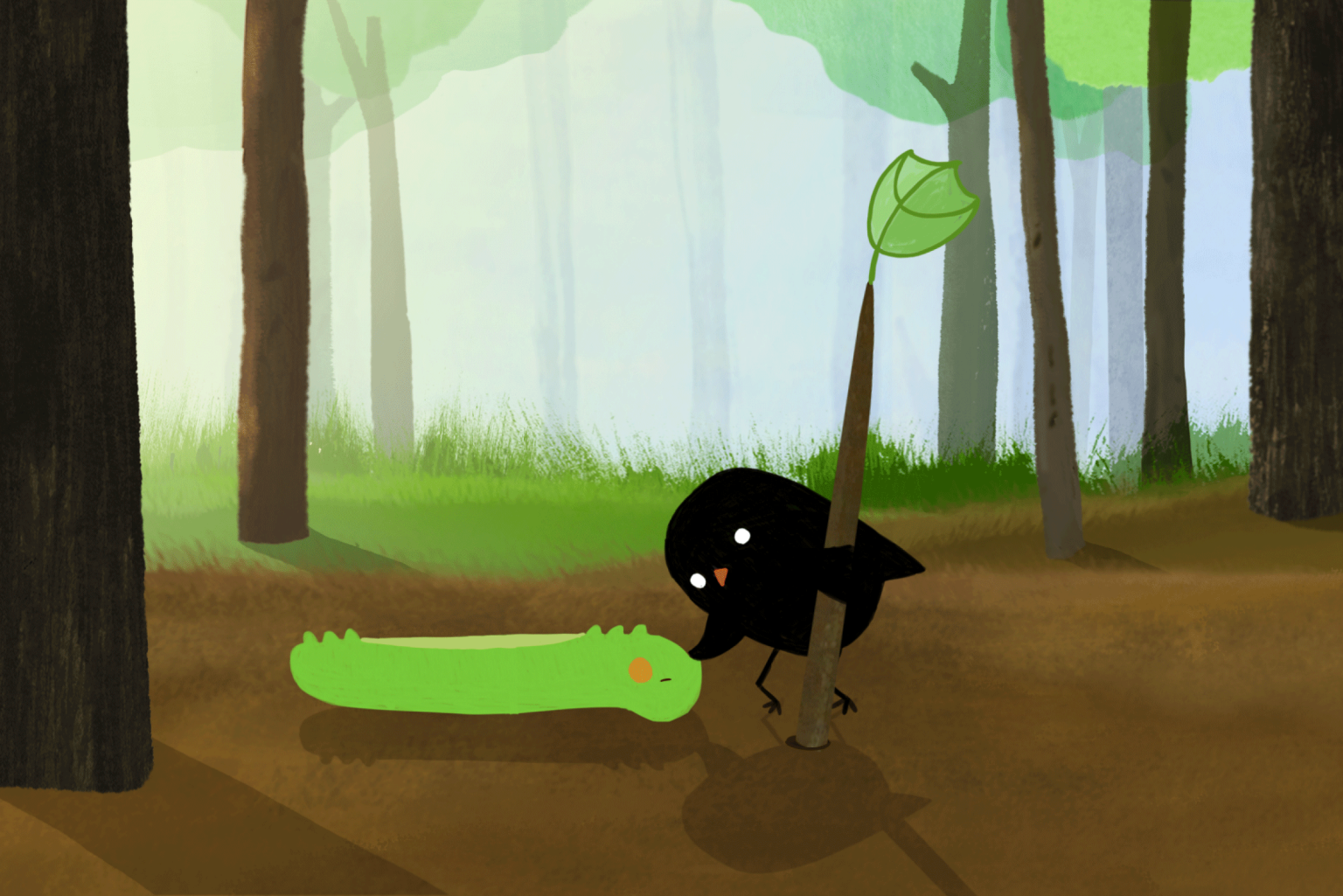 Ein kleiner schwarzer Vogel streichelt eine grüne Raupe auf einer Lichtung im Wald.