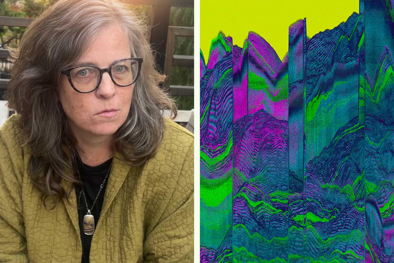 A portrait of Lee Anne Schmitt on the left side, on the right side a filmstill of woozy, green and pink digital waves 