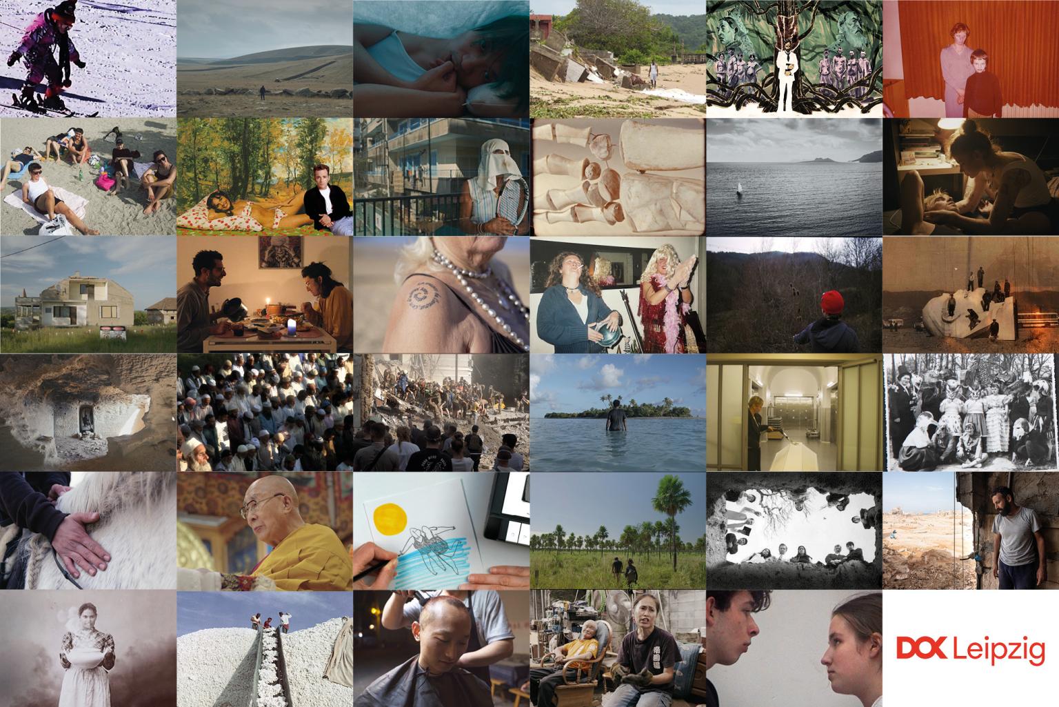 Eine Collage aus Filmstills von allen 35 Projekten, die für den 2025er DOK Co-Pro Market ausgewählt sind