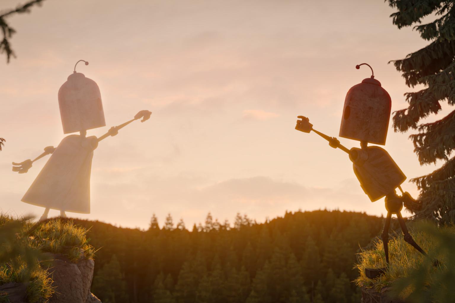 Ein kleiner Roboter steht auf einer Klippe im Wald und streckt seinen Arm zum sanftrosa Himmel, auf der anderen Seite der Klippe ist ein blasserer Schatten eines ähnlichen Roboters in gleicher Pose