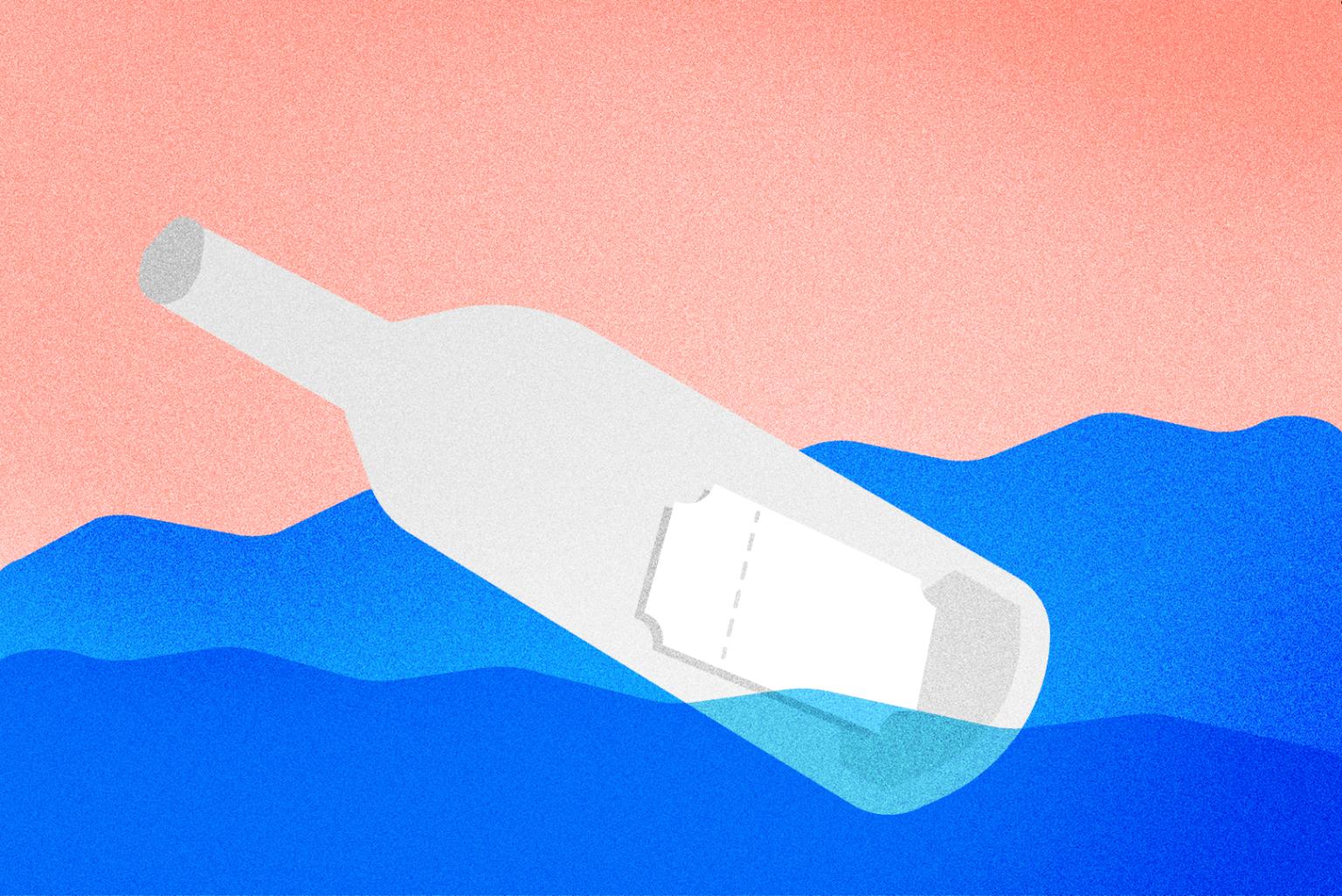 Illustration of a glass bottle swimming in wavy water, inside a small ticket ganz be glimpsed