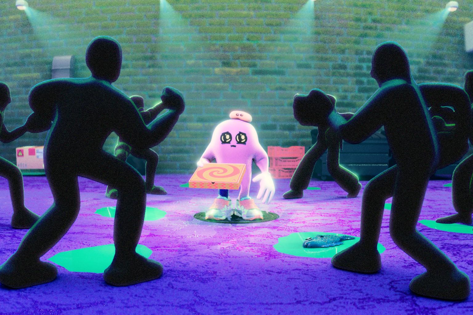 A still from an animated film. A pink character is surrounded by dark figures. It is holding a pizza box and has a frightened expression on its face.